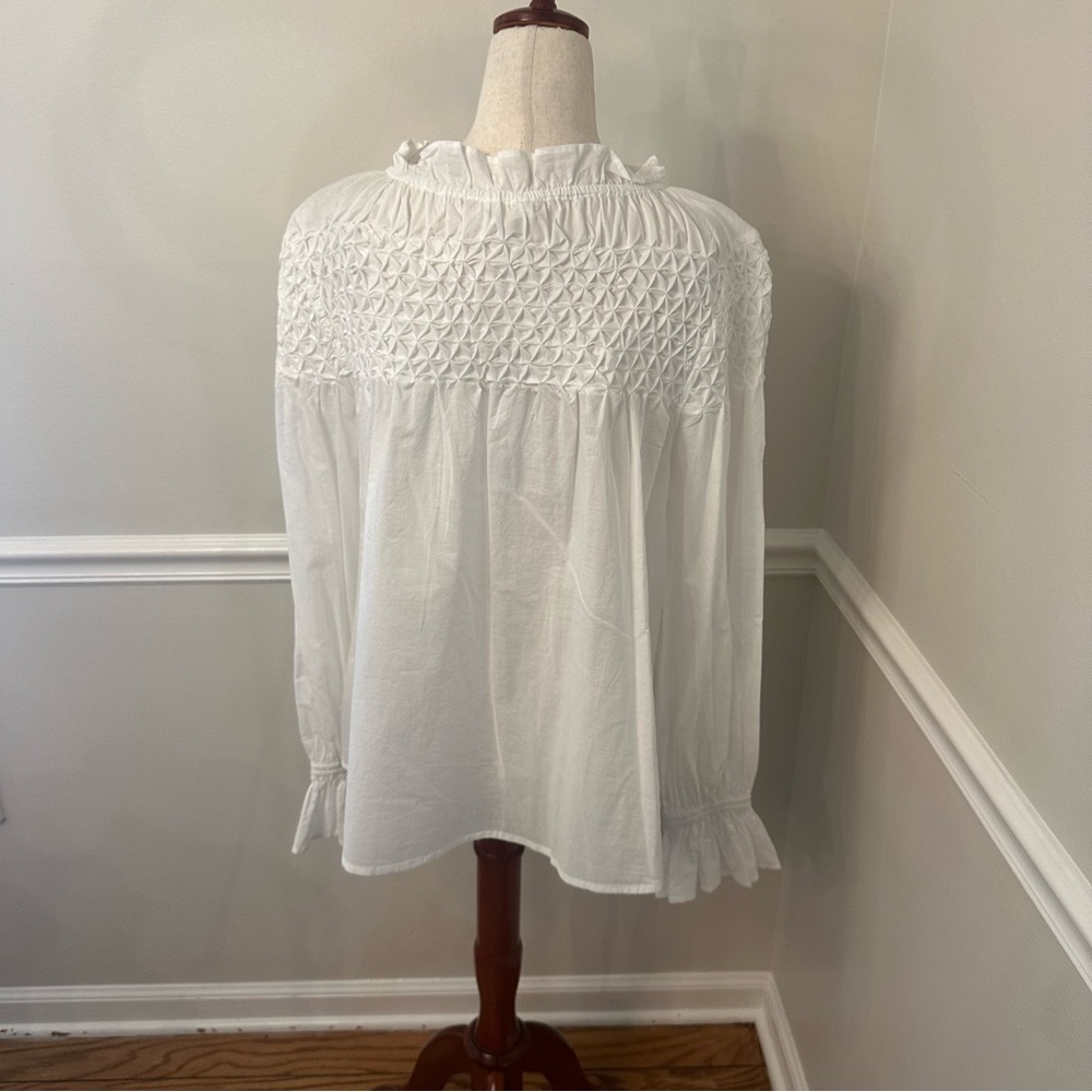 Women’s White Smocked Yoke Ruffle Blouse - Picture 4 of 6